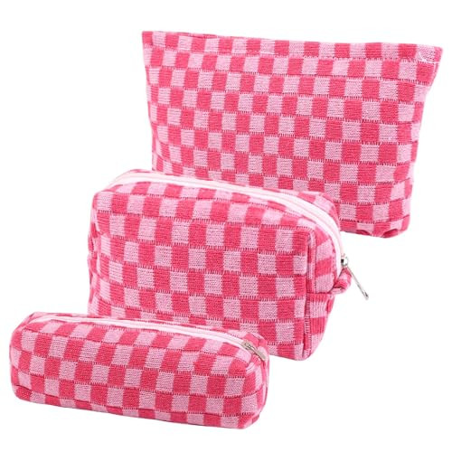EIMMBD Makeup Bag 3 Pieces Large Capacity Checkered Cosmetic Bag Canvas Travel Toiletry Bag Organizer Cute Makeup Bag Pouch Storage Bag for Women(Rose) | Amazon (US)
