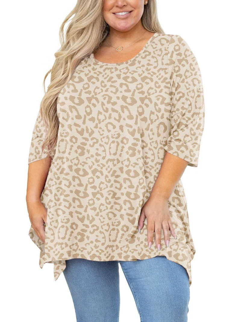 SHOWMALL Plus Size Clothes for Women 3/4 Sleeve Blouse Cream Leopard 2X Swing Top Maternity Cloth... | Walmart (US)