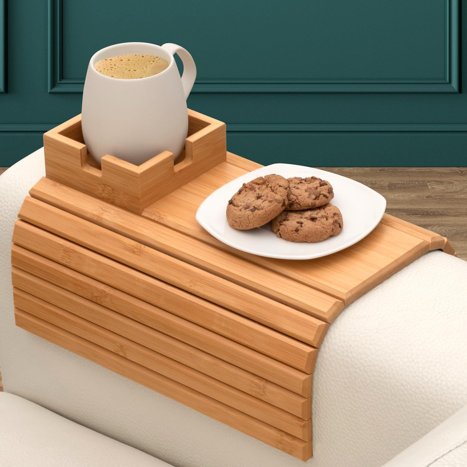 Bamboo Couch Cup Holder - Couch Arm Tray & Cup Holder for Drink & Snack, Couch Arm Table & Couch Armrest Tray with Couch Cup Holder Tray Table for Couch, Recliner, or Loveseat | Amazon (US)
