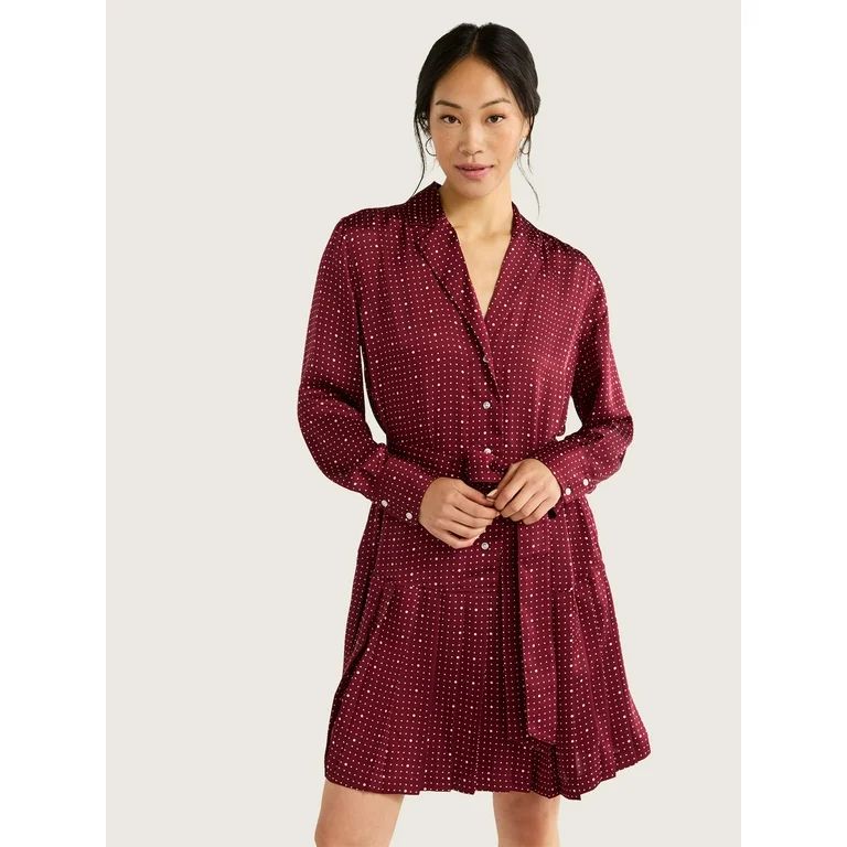 Free Assembly Women's Pleated Mini Shirtdress with Long Sleeves, Sizes XS-XXL - Walmart.com | Walmart (US)