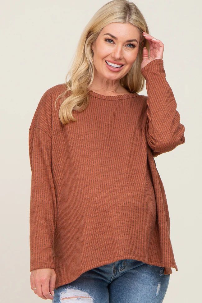 Rust Striped Brushed Maternity Long Sleeve Top | PinkBlush Maternity