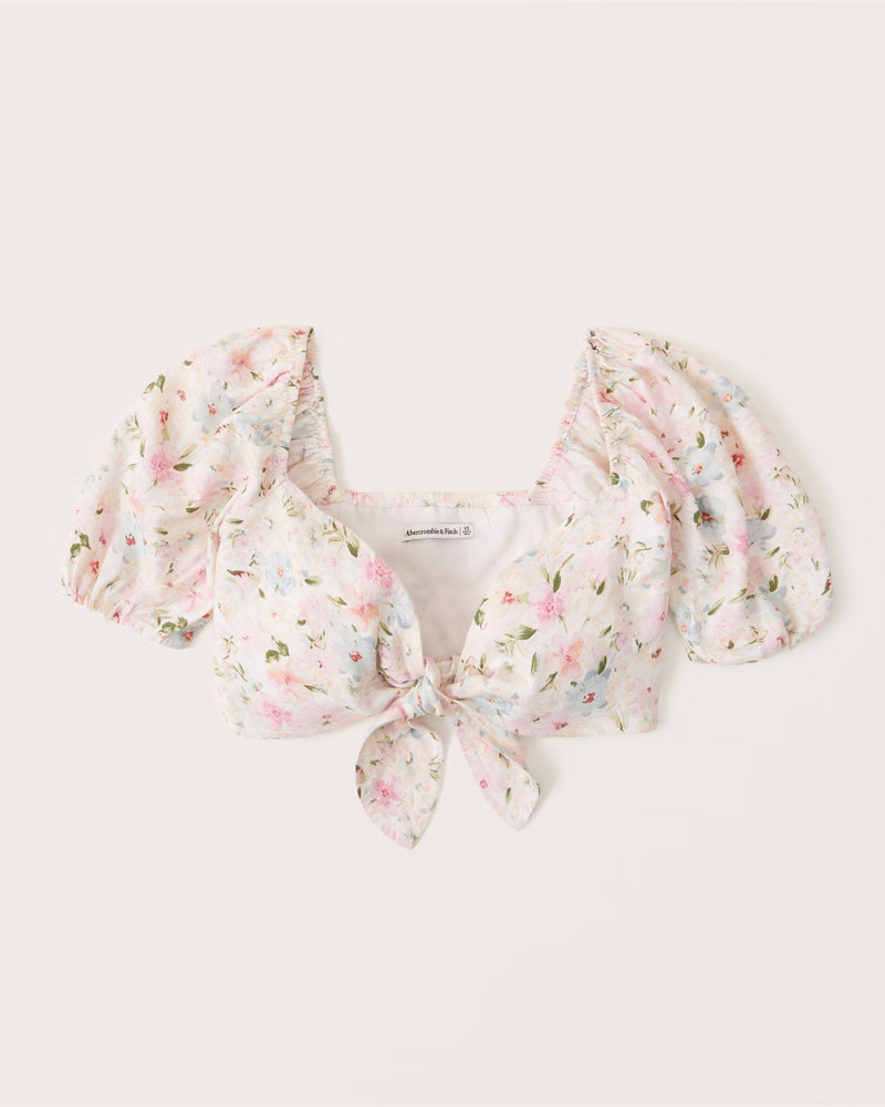 Tie-Front Linen-Blend Puff Sleeve Top | Abercrombie & Fitch (US)