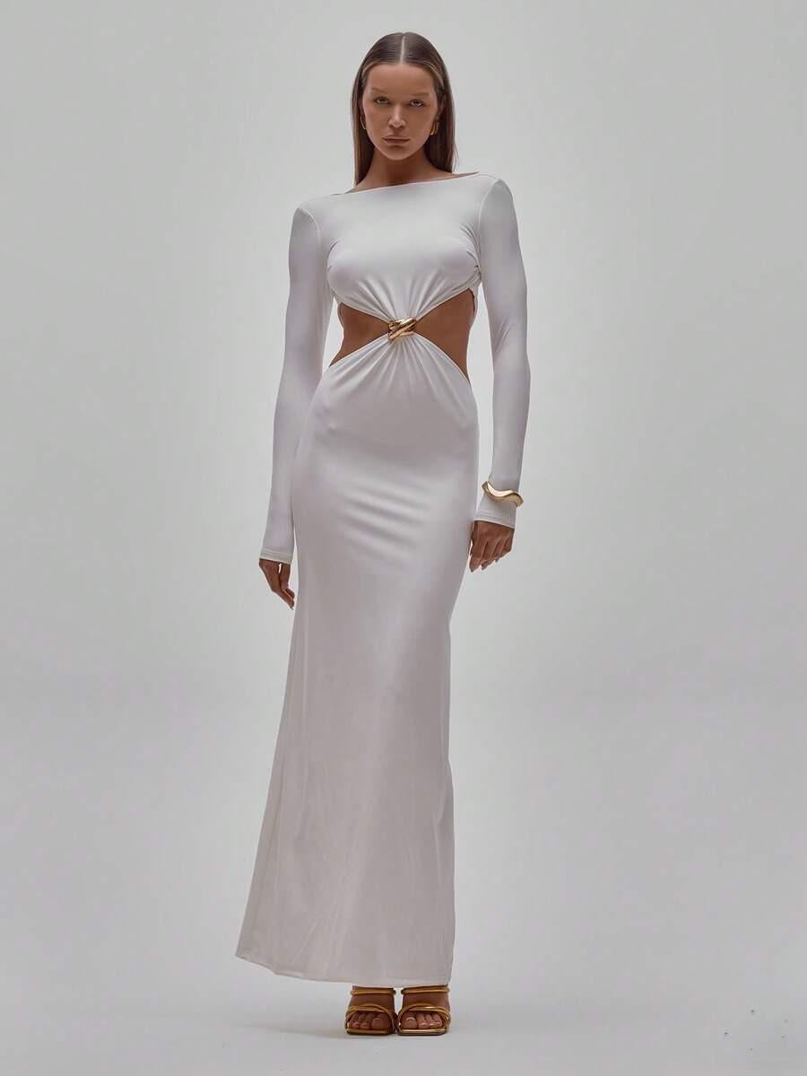 MUSERA Off White Slinky Cut Out Trim Detail Fitted Long Sleeve Maxi Dress,Autumn Seksi Chic Day P... | SHEIN