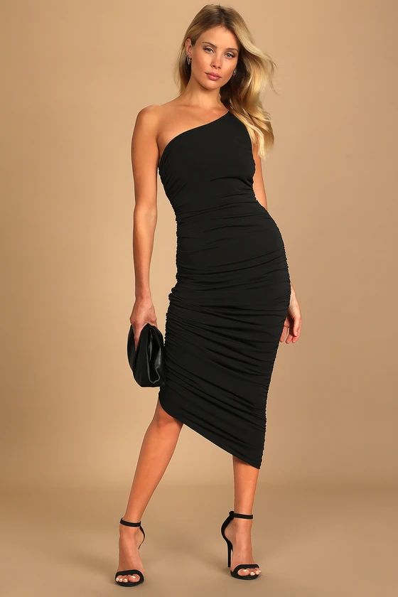 Total Appeal Black Ruched One-Shoulder Bodycon Midi Dress | Lulus (US)