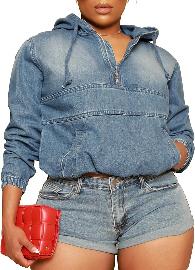 Women's Plus Size Half Zip Denim Hoodie Sweatshirt Pullover Jacket Jean Tops with Pockets | Amazon (US)