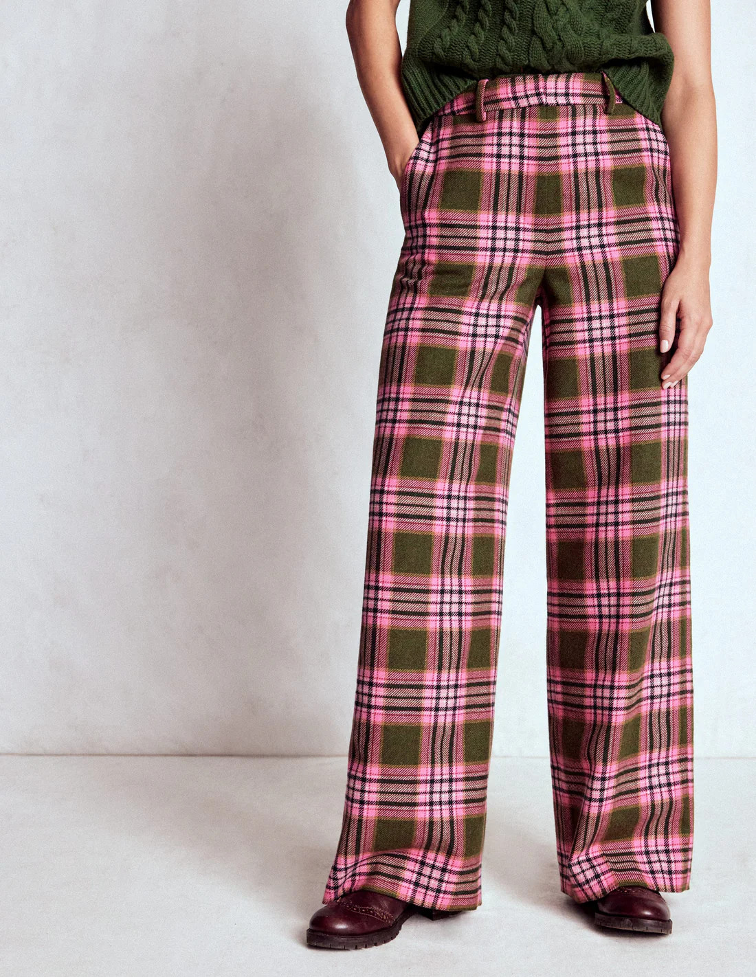 Belgravia Wool Trousers-Olive, Green and Pink Check | Boden UK