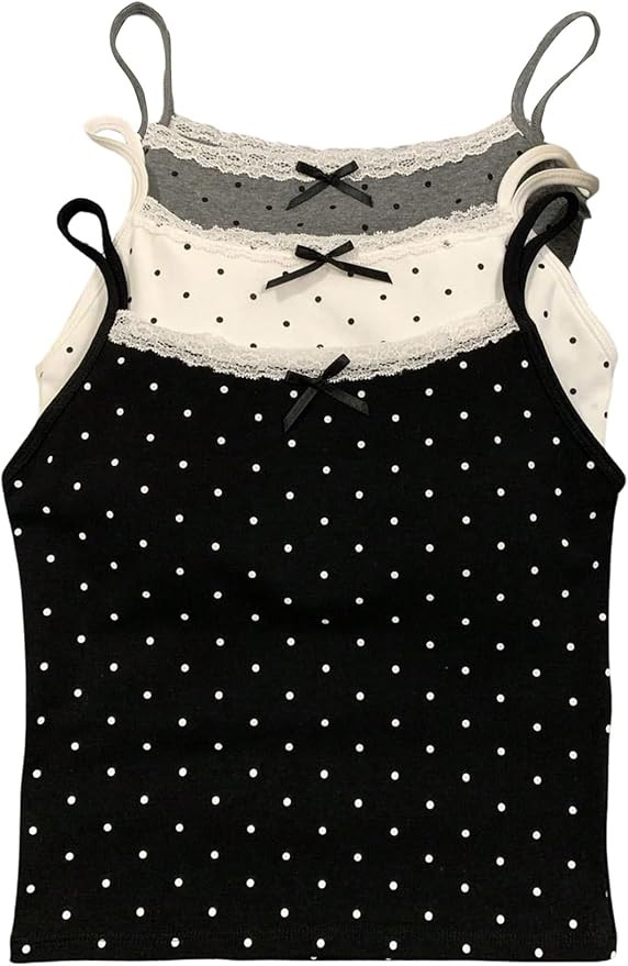 MakeMeChic Women's 3 Pack Polka Dots Crop Tank Tops Lace Trim Sleeveless Bow Knot Y2K Camisoles | Amazon (US)
