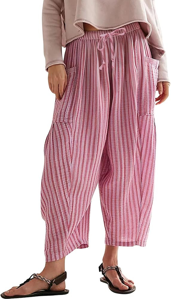 MISSACTIVER Women Summer Striped Harem Pants Flowy Baggy Casual Wide Leg Trousers Drawstring Boho... | Amazon (US)
