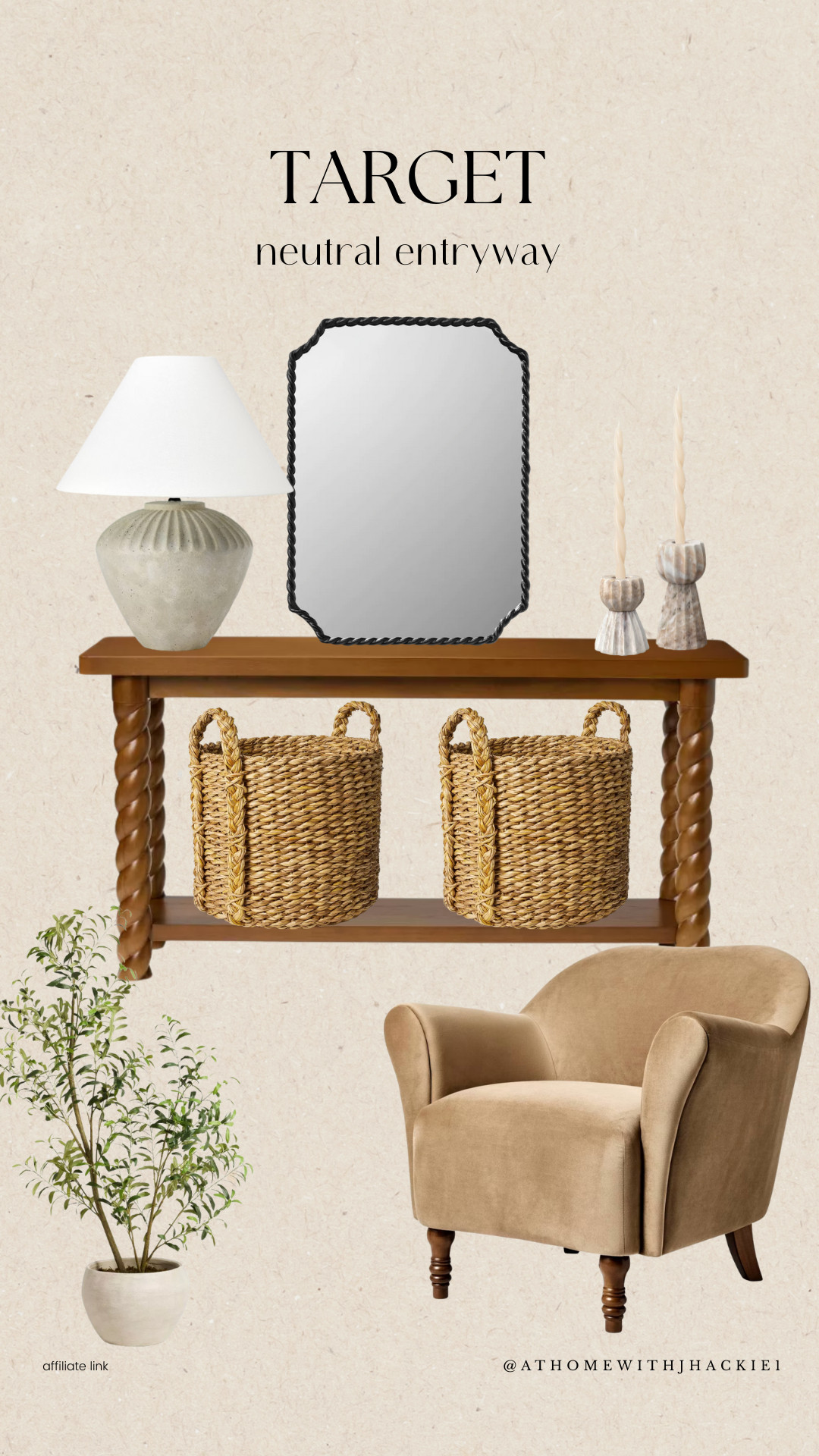 Target neutral entryway decor, target entryway finds, entryway table styling, narrow console table, twisted leg console table, entryway mirror decor, black framed mirror, neutral table lamp, ceramic lamp base, woven storage baskets, entryway organization ideas, neutral accent chair, upholstered accent chair, potted faux olive tree, modern traditional entryway, warm neutral home decor 

 

#LTKSeasonal #LTKHome