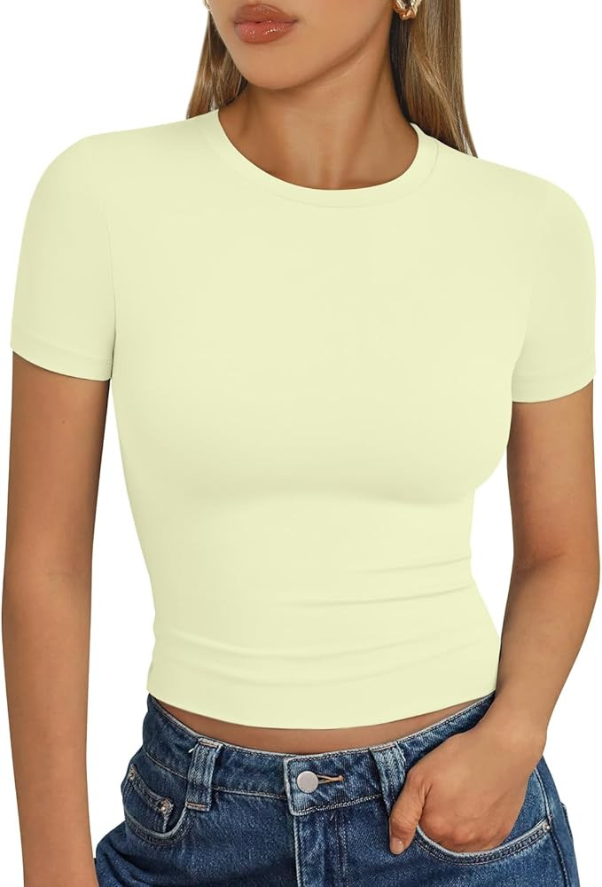 Trendy Queen Womens Basic T Shirts Summer Tops 2025 Short Sleeve Crop Tops Slim Fit Gym Workout Y... | Amazon (US)