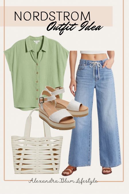 Nordstrom outfit idea! Wide leg jeans with a light green button up top. Wedge white sandals and ivory tote bag purse! Summer outfit! Brunch outfit! Farmers market outfit! 

#LTKShoeCrush #LTKFindsUnder100 #LTKOver40