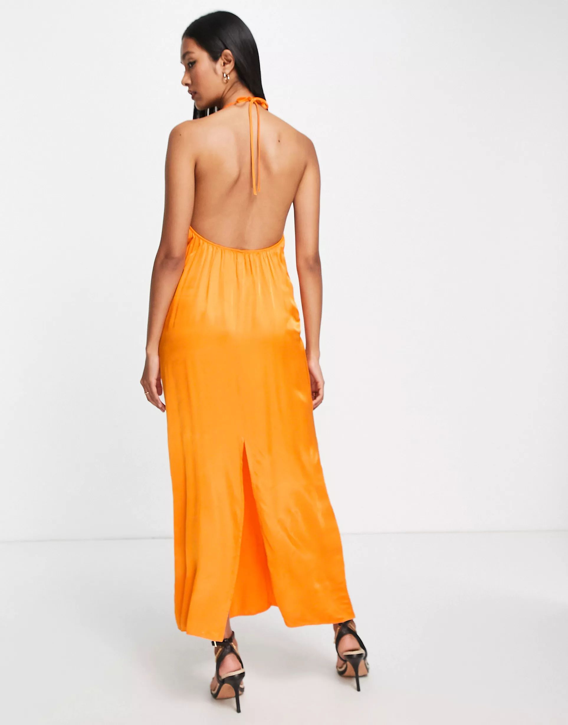 Topshop cut out halter satin midi slip dress in orange | ASOS (Global)