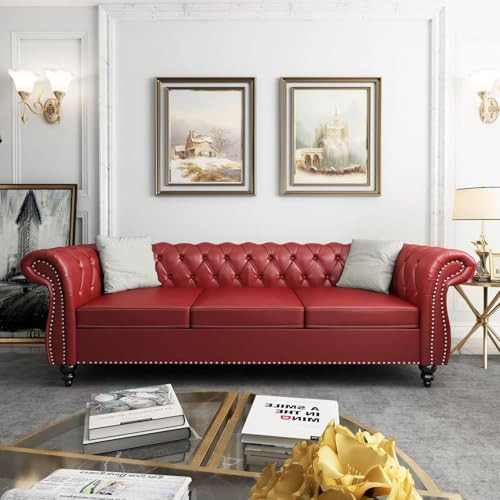 RUSTYER Chesterfield 3 Seater Sofa, Modern Leather Tufted Couch 3 Seater with Rolled Arms and Nailhead Mid-Century Upholstered Couch for Living Room, Bedroom, Apartment and Office, Claret | Amazon (US)