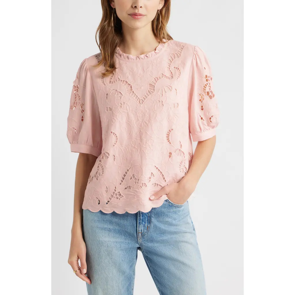 Treasure & Bond Embroidered Cutwork Puff Sleeve Linen Blend Top in Pink Lotus at Nordstrom, Size Medium | Nordstrom