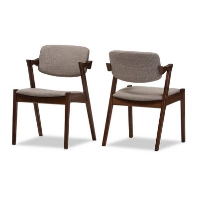 Set of 2 Elegant Mid - Century Wood and Fabric Upholstered Dining Armchairs - Light Gray, "Walnut" D | Target