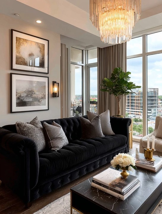 Learning to decorate with a black velvet sofa is easier than people think — but only if you do it intentionally.
Balance the depth of black with ivory chairs, layer in beautiful coffee-table books, add a statement chandelier, and anchor the whole room with a touch of greenery in the corner. A few gold accents, and suddenly the entire space feels curated, timeless, and effortlessly luxurious.

This is how you turn a bold piece into a harmonious, elegant living room. #BlackVelvetSofa #LuxuryLivingRoom #TimelessInteriors #HighRiseDecor #GoldAccentHome #ChicAndModern #ElegantAndDriven 

 #LTKHome