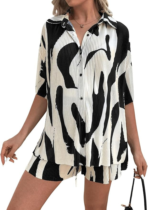 Women's 2 Piece Maternity Graphic Print Button Front Short Sleeve Shirt Top and Shorts Sets Outfi... | Amazon (US)