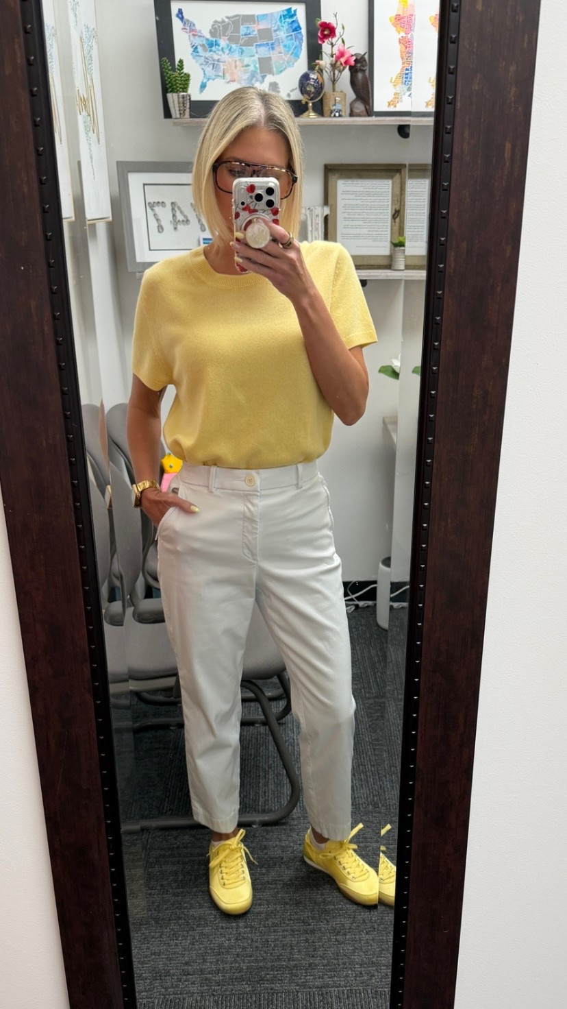 I seriously can’t get enough yellow! 
This is the cashmere tee from Quince and they fit tts. 
My Spanx Slim Straight Leg Twill pants are currently on sale! I’m wearing a small and they fit tts. 

My yellow satin sneakers are from Amazon! They’re super comfy and I love that they’re a dressed up sneaker!

#LTKootd #LTKOver40 #LTKgrwm