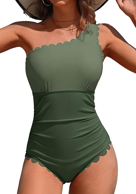 Charmo One Shoulder One Piece Swimsuit Women Ribbed Scalloped Bathing Suit Cutout Slimming Full C... | Amazon (US)