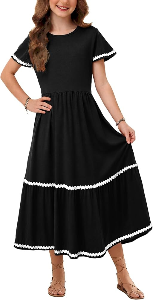 Girls Summer Maxi Dress Casual Short Sleeve Flowy Tiered Dresses 5-14 Years | Amazon (US)