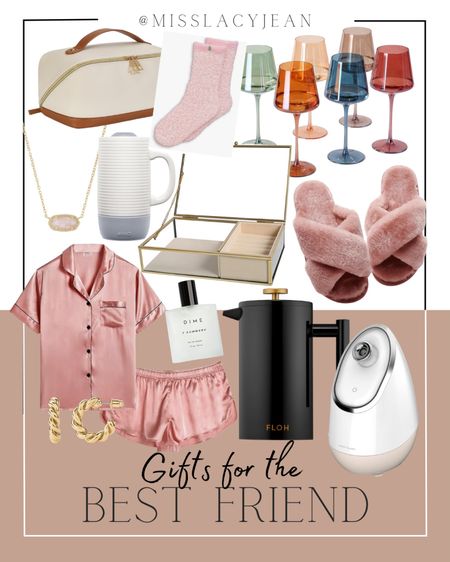 Gifts for your best friend include slippers, facial steamer, French press, wine glasses, gold jewelry box, coffee mug, necklace, makeup bag, socks, silk pajamas, dime perfume.

Best friend gifts, gift guide, gifts for her, Amazon gift finds

#LTKGiftGuide #LTKHoliday #LTKfindsunder50
