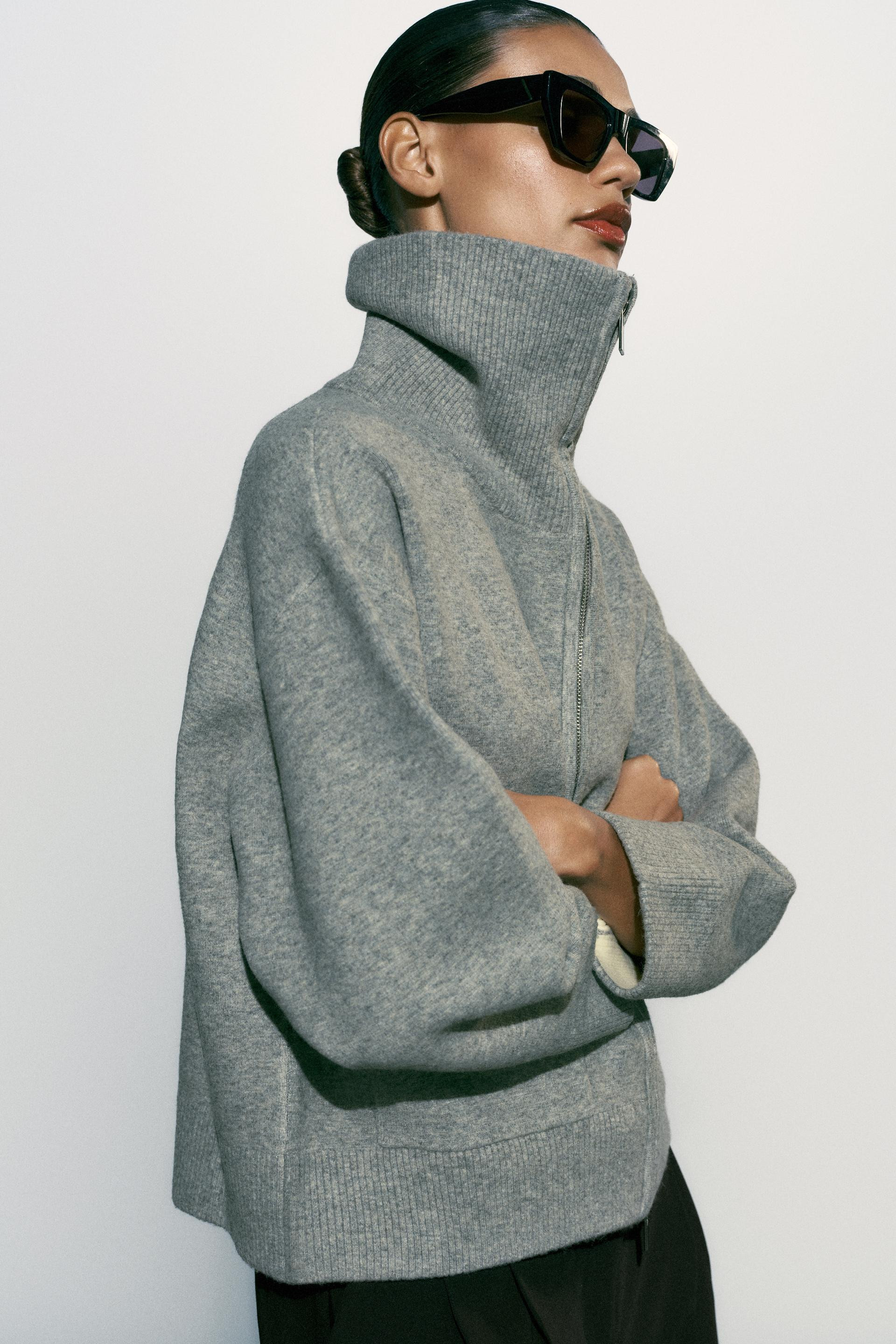 Zara - Contrast Collar Cardigan - Gray - L - Woman | Zara US