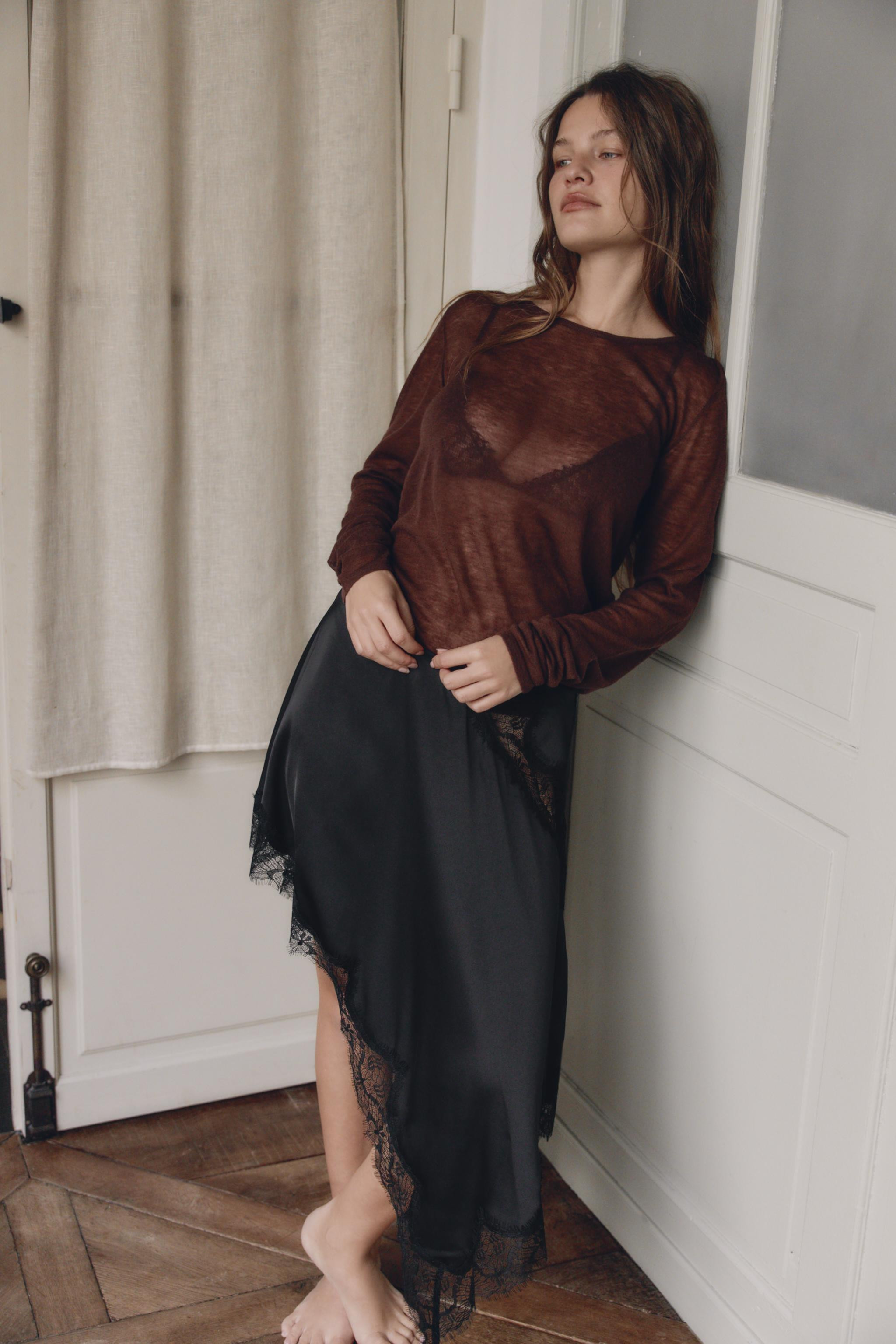 ASYMMETRIC SATIN SKIRT WITH LACE | Zara US