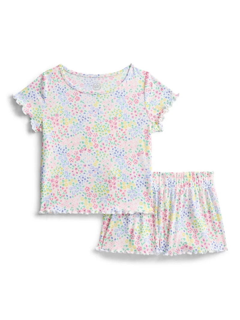 Wonder Nation Girls Ribbed Short Sleeve Top and Shorts Pajama Set, 2-Piece, Sizes 4-18 | Walmart (US)