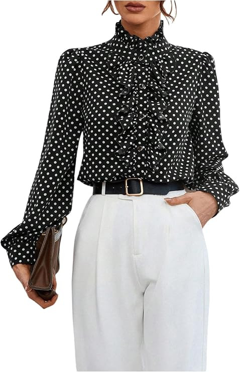 Floerns Women's Polka Dots Long Sleeve Ruffle Business Casual Blouses Tops | Fuffled, Mock Neck, ... | Amazon (US)