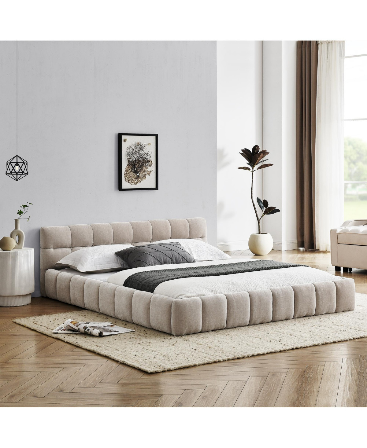 Streamdale Queen Size Upholstered Platform Bed with Chenille Fabric Headboard - Beige | Macy's