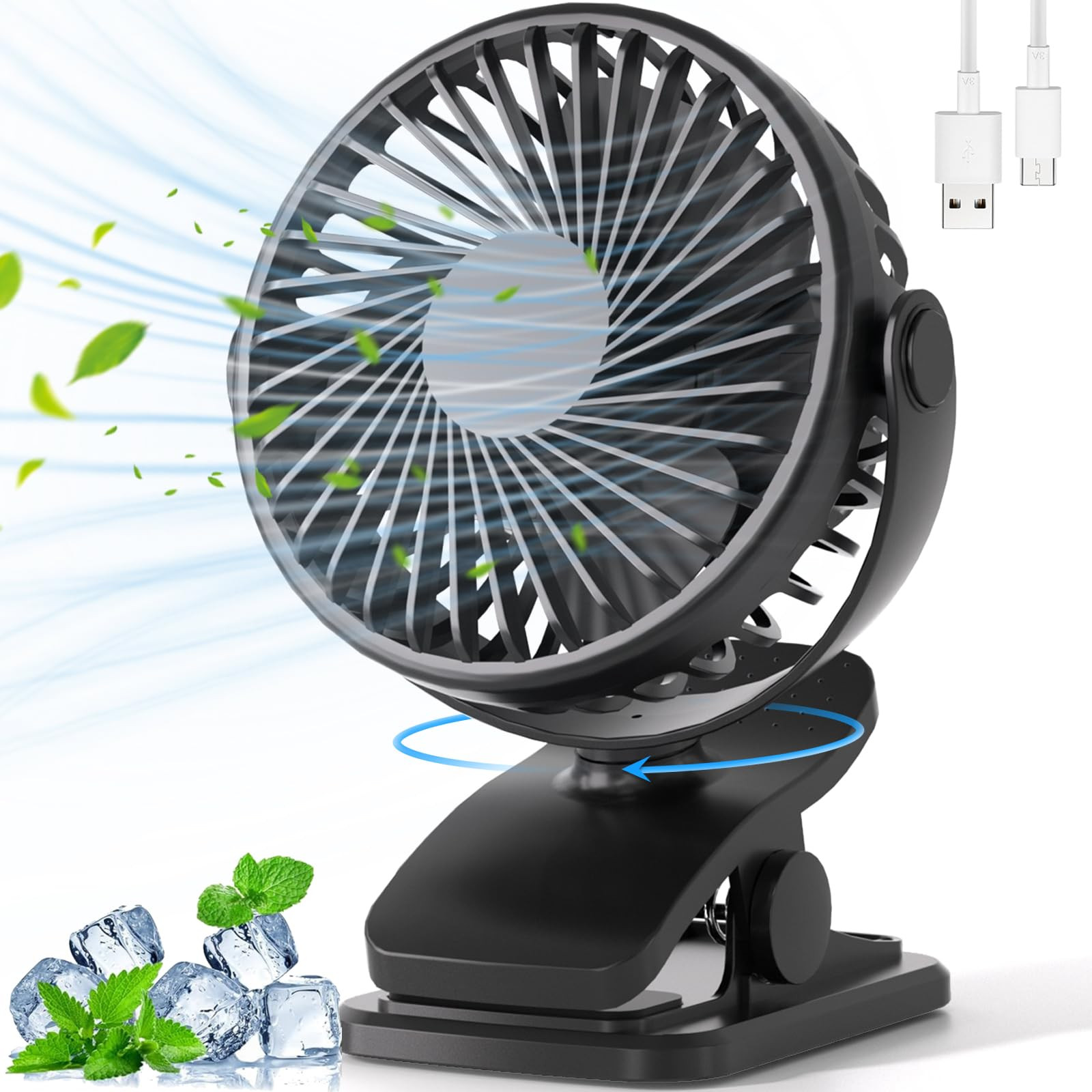 Portable Clip on Fan, 360° Rotate Battery Operated Stroller Fan, 3 Speed Quiet Mini Personal Des... | Amazon (US)