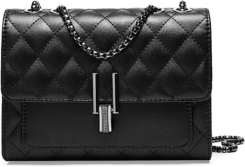 Small Genuine Leather Crossbody Quilted Flap Handbag with Chain Strap for Women Lightweight Cellp... | Amazon (US)