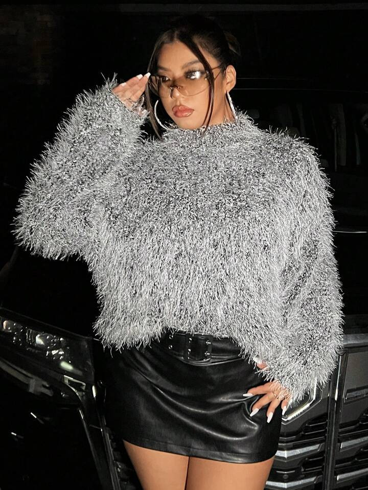 Plus Mock Neck Drop Shoulder Fuzzy Sweater | SHEIN