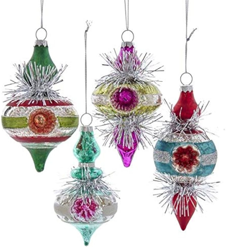 Kurt Adler 5" Set of 4 Retro Design Finial Glass Ornaments Reflector Center with Tinsel Christmas... | Amazon (US)