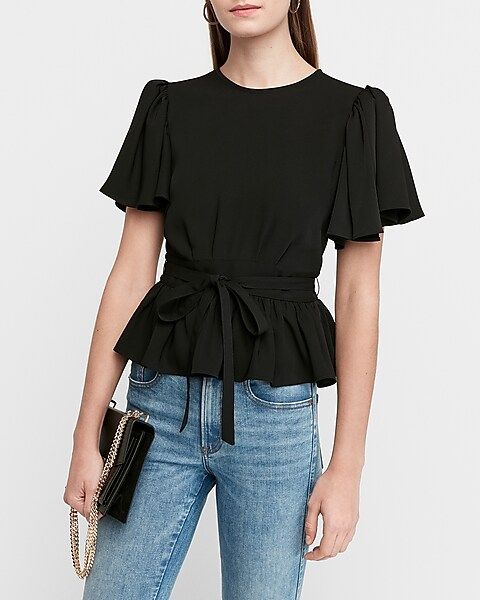 belted flutter sleeve peplum top | Express