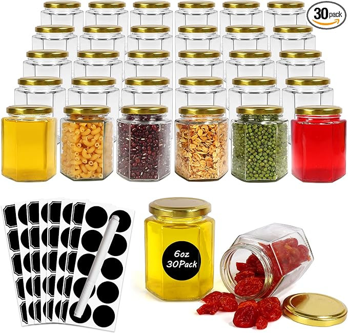 Betrome 30 Pack 6oz Hexagon Glass Jars with Gold Lids, 180ml Clear Glass Canning Jars Honey Jars ... | Amazon (US)