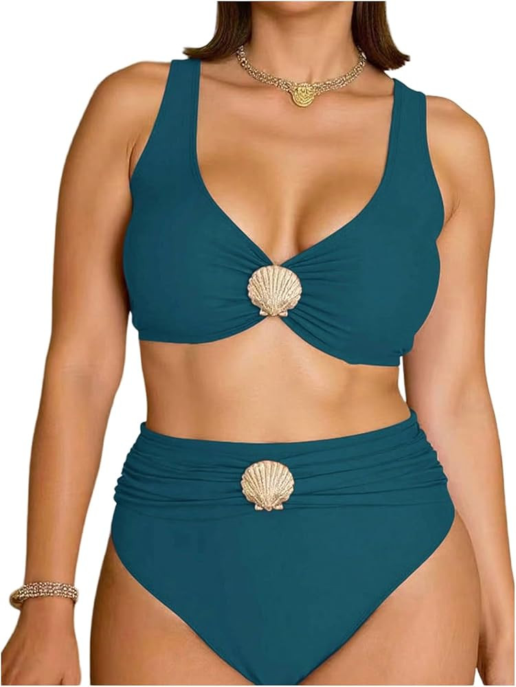 Floerns Women's Plus Size Bikini Sets Shell High Waisted V Neck Swimsuit Bathing Suit | Amazon (US)