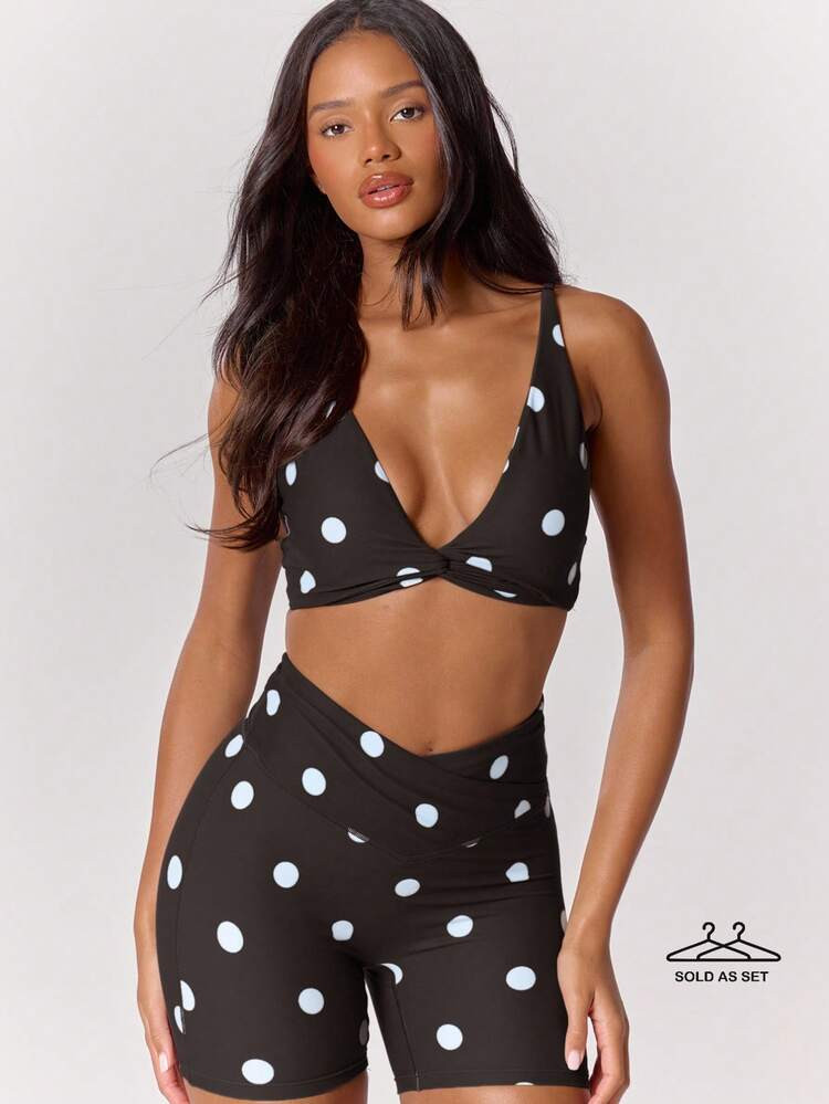 Musera Sport Polka Dot Twist Front Sports Bra And High Crossover Waistband Active Shorts Set Sport Workout Gym Cute Pilates Fitness Daily Girly Casual | SHEIN