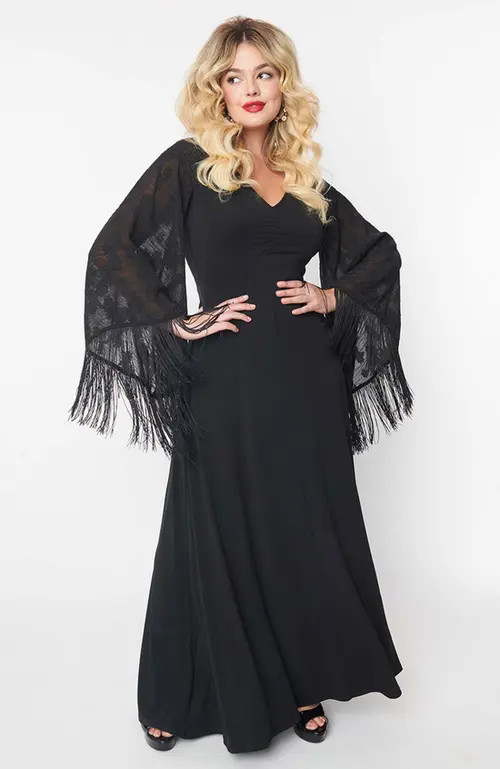 Smak Parlour Fringed Long Bell Sleeved Ruched Maxi Dress in Black at Nordstrom, Size Small | Nordstrom