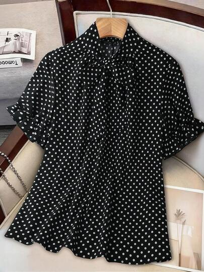 Plus Size Casual Polka Dot Blouse With Tie Neck Short Batwing Sleeves Ruffle Details Woven Fabric... | SHEIN
