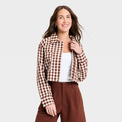 Women's Transitional Cropped Jacket - A New Day™ Brown Gingham M | Target