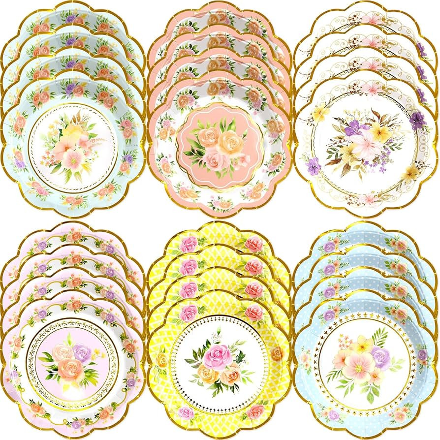 Floral Plates Small Tea Party Decoration 24 Count Gold Foil Edge Paper Plate Birthday Flower Part... | Amazon (US)