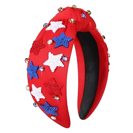 4th of July Headband Beaded Sequin Star Headband Jeweled Crystal Embellished Knotted Red White Bl... | Amazon (US)