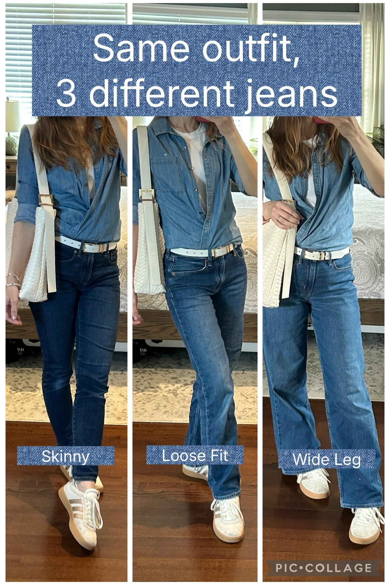 In all 3 pictures, I’m wearing the same top (blue chambray top over a white tank). Notice how different the outfits feel with each pair of jeans. In my opinion, the tops pair best with a loose fit or relaxed jean, such as the pair in the center. There’s a good balance between the somewhat loose top and the loose jeans.

On the contrary, the other jeans feel unbalanced. The skinny jeans in the left are a bit too tight, and the wide leg jeans on the right feel too frumpy with the looser top. What are your thoughts?

•Skinny jeans by LOFT
•Loose fit jeans by @gapstyle
•Wide leg jeans by Old Navy

Exact items linked where possible. Similar items also linked.

Denim on denim
Spring outfits


#LTKOver40