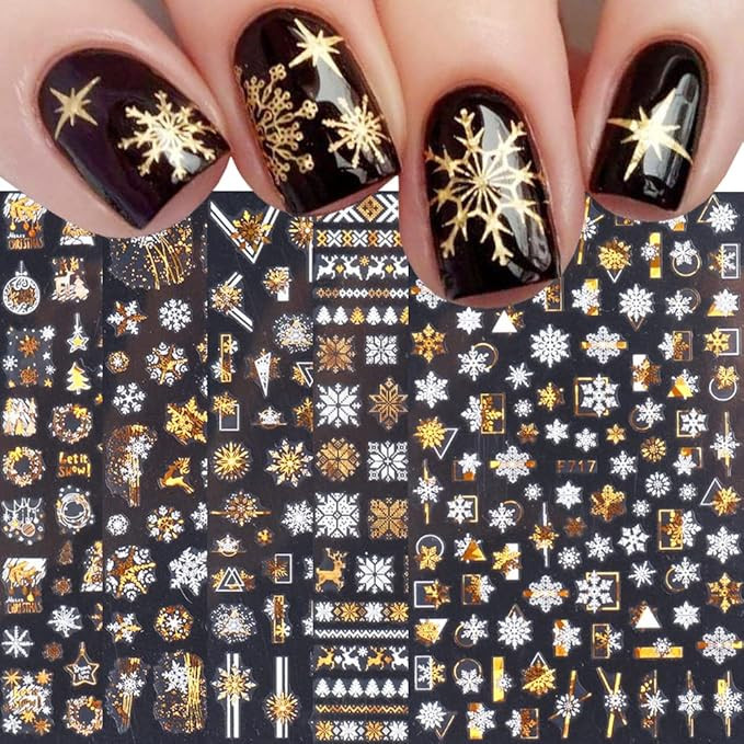 Christmas Nail Stickers, 3D Metal Gold Snowflake Nail Decals White Snowflake Elk Snowman Santa Cl... | Amazon (US)