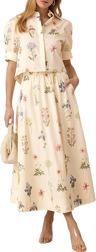 Tankaneo Womens Floral 2 Piece Skirt Set Summer Puff Sleeve Crop Blouse and Maxi Dress Outfits Ma... | Amazon (US)