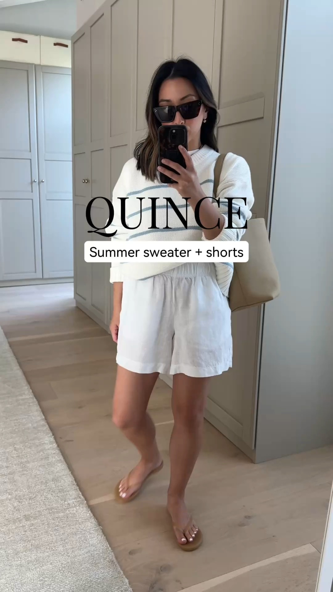Love this striped cotton sweater for summer. The texture and light blue stripe are so good, and it's so easy to pair with linen shorts. Wearing both the sweater and shorts in small. @Quince #quincepartner

#LTKPetite