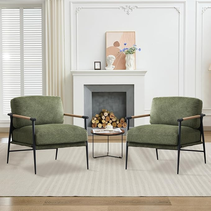 2PCS Green Accent Chair Set of 2 Chenille Mid Century Modern Armchair with Upholstered Soft Cushi... | Amazon (US)