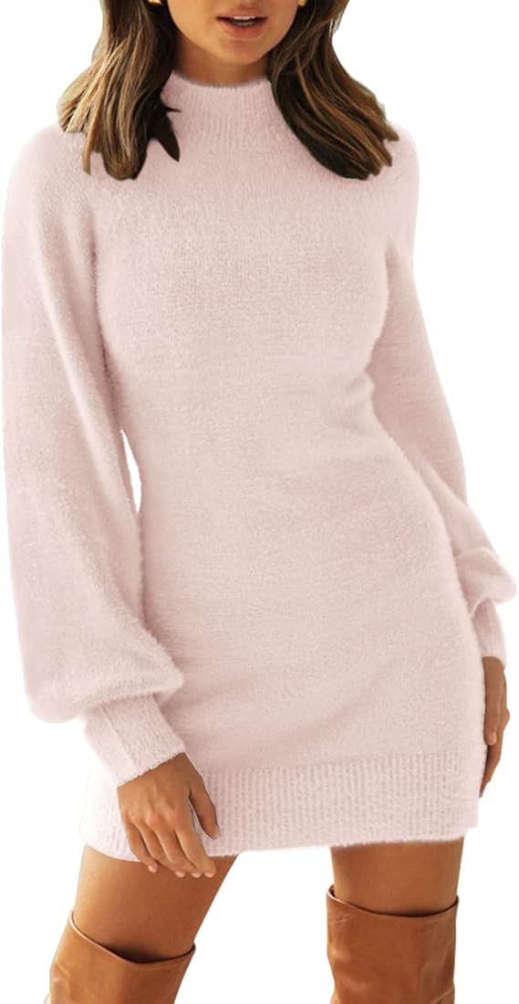 ZESICA Women's 2023 Casual Turtleneck Long Puff Sleeve Soft Fuzzy Knit Bodycon Pullover Mini Swea... | Amazon (US)