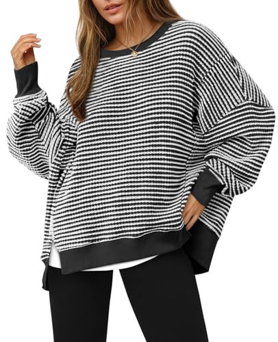 Fisoew Women's Oversized Sweatshirt Waffle Knit Striped Long Sleeve Crewneck Casual Loose Pullover Tunic Tops Black | Amazon (US)
